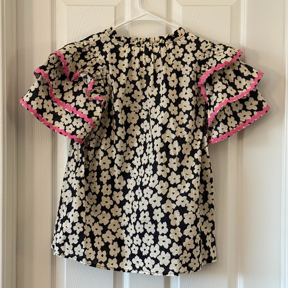 Entro Floral Contrast Ric Rac Layered Ruffle Sleeve Blouse Medium - Picture 4 of 5